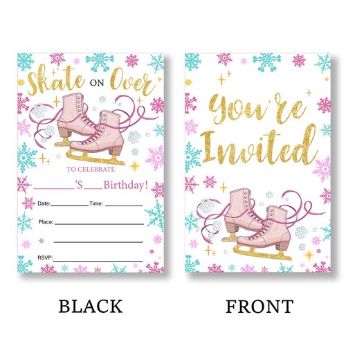 QZJ Ice Skating Birthday Party Invitations Fill-In Set of 20with Envelopes Skating Birthday Bash Invites Cards