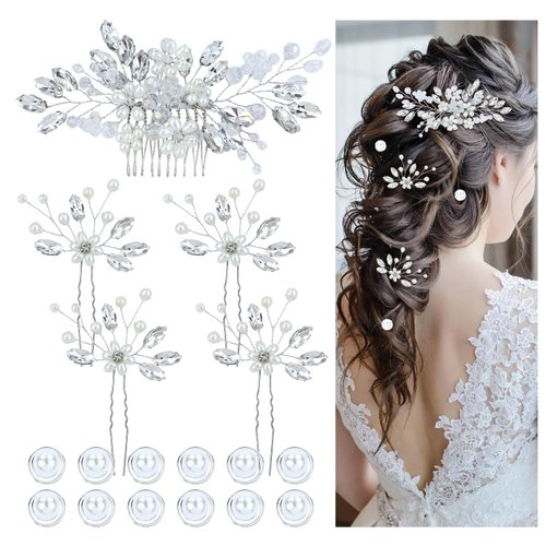 inSowni 17 Pieces Silver Metal Crystal Rhinestone Pearl Bridal Wedding Hair Side Combs Slides+U-shaped Flower Hair Pins+Pearl Twist Spiral Pearl Hairpins for Brides Bridesmaids Women Girls