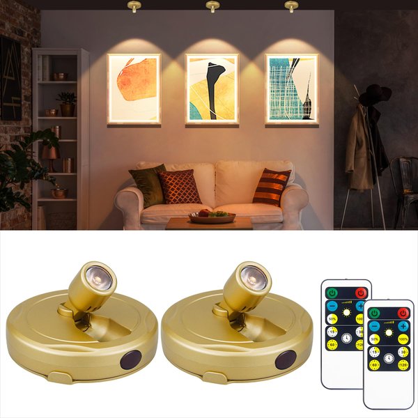 Arixinks 2Pack Battery Spotlight with Remote Gold, Wireless Led Picture Lights Painting Light for Wall Art,Uplight Puck Lights for Plants Indoor Art Display Light, Ceiling Spot Light Accent Light