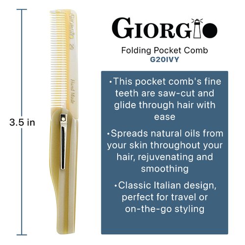 Giorgio G20 IVY Folding Mustache and Beard Comb 6.5 Inches - Small Fine Tooth Pocket Comb for Everyday Hair Care - Sawcut and Hand Polished Pocket Comb and Styling Comb - Fine Ivory Travel Comb