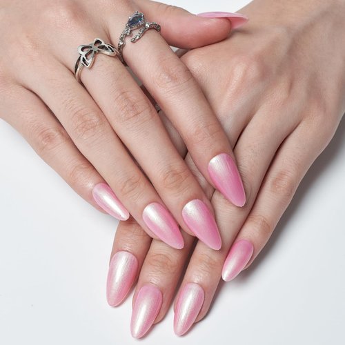 GLAMERMAID Press on Nails Almond,Handmade Pink Medium Length False Nails with Design,Gel Fake Nails 24 pcs Stick on Nails Manicure Set for Women Gift,Dark pink