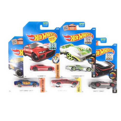 Hot Wheels Muscle Car Madness 5 Pack Random Diecast Bundle Set with Various Corvettes, Mustangs, Camaros, Chargers, GTO"s, Firebirds, Shelby, and More