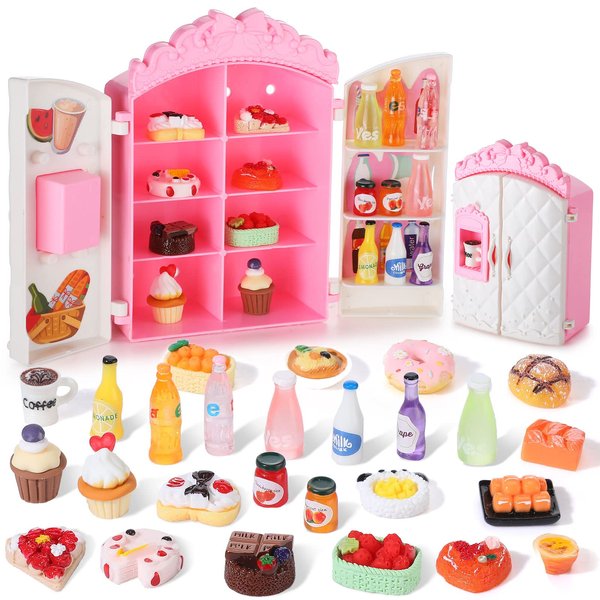 27 Pieces Dollhouse Refrigerator Mini Fridge Toy with Mini Food Set Dollhouse Kitchen Furniture Food Toys Dollhouse Miniatures Kitchen Decorations Bottles Fruit Dessert for Children (Cute Style)