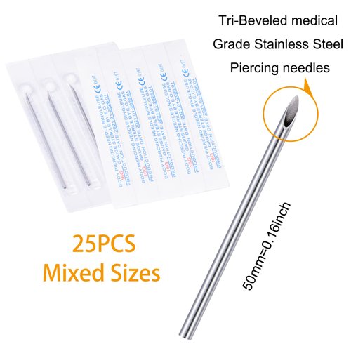 DJCIW 25PCS Mixed Body Piercing Needles, 12G 14G 16G 18G 20G Disposable Sterile Stainless Steel Piercing Needles for Ear Nose Navel Belly Nipple Tongue Lip Piercing