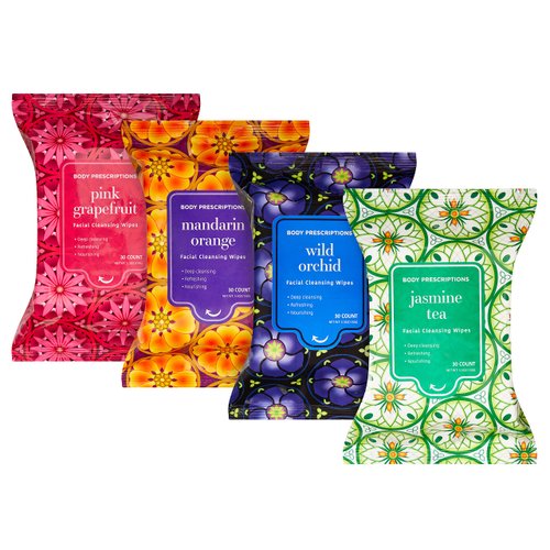 Body Prescriptions Makeup Remover Wipes - Bulk Pack, Gentle Cleansing Wipes for Easy Makeup Removal, Mandarin, Orchid, Grapefruit, & Jasmine Tea