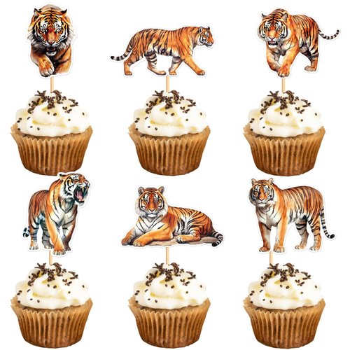 Ercadio 24 Pack Tiger Cupcake Toppers Tiger Cupcake Picks Animal Cupcake Picks Tiger Birthday Cupcake Decorations for Baby Shower Birthday Animal Theme Party Cake Decor Supplies