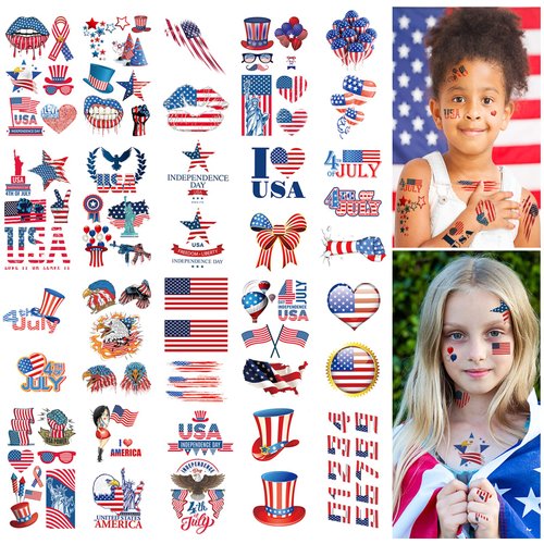 4th of July Temporary Tattoos, 20 Sheets USA Face Tattoos, American Flag Red White and Blue Patriotic Tattoos Stickers, Independence/Memorial Day Decortions, Patriotic Theme Party Decor Supplies