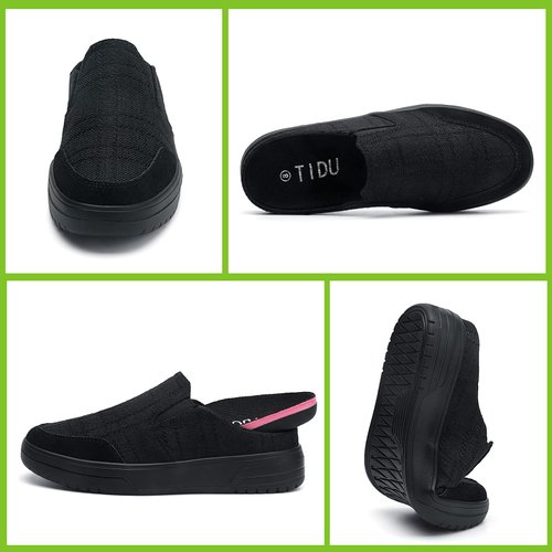 TIDU Orthopedic Shoes for Women Arch Support Sneakers Comfy Slip On Loafers for Plantar Fasciitis Overpronation Canvas Slippers Black Size 8
