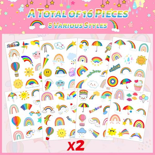 16 Sheet Rainbow Party Favors Rainbow Temporary Tattoos Stickers for Kids Girls Boys Rainbow Theme Party Decorations supplies Gifts Classroom School Prizes Rewards (192 PCS)
