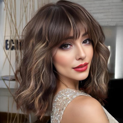 meiliprotea Short Wavy Bob Wig with Bangs Wear and Go Highlight Brown Short Bob Wigs 14 Inch Chestnut Curly Bob Wig Heat Resistant Synthetic Wigs for Women Daily Party Cosplay Wig (HL Brown)