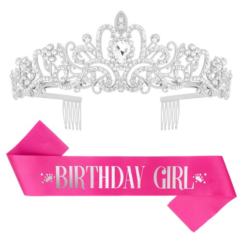 CAVETEE "Birthday Girl" Sash and Rhinestone Tiara Set, Hot Pink Birthday Sash and Birthday Crown Happy Birthday Decorations for Gift Birthday Girl Sash for Party Cake Topper