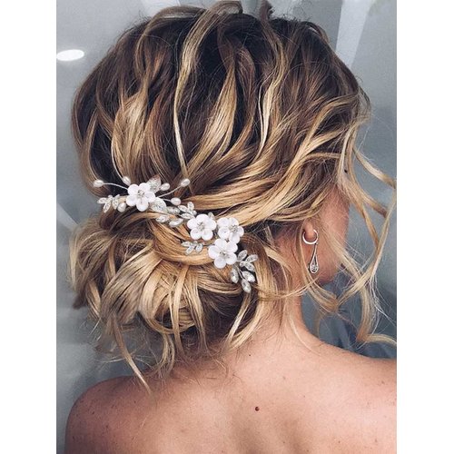 Heread Flower Bride Wedding Hair Pins Silver Crystal Bridal Hair Accessories Leaf Head Piece for Women and Girls (Pack of 2)