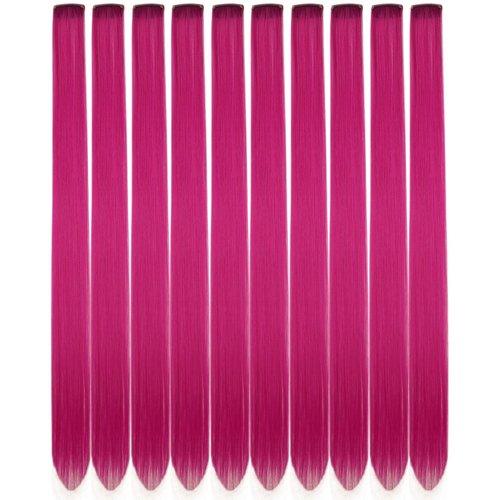 Hair Extensions Rose Pink Colored Clip in Hair Extensions Straight Synthetic Feather Colorful Hair Extensions for Kids Women Festival Party 22 inch