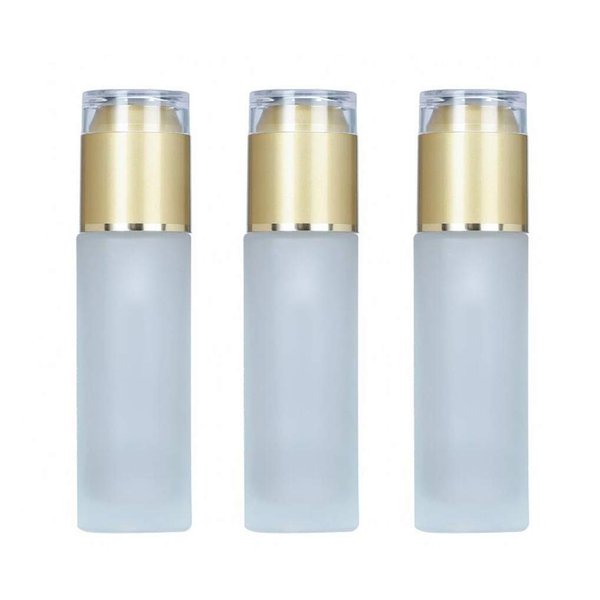 3PCS Empty Forsted Clear Glass Lotion Pump Bottles Jars with Gold Cap Cosmetic Makeup Travel Packing Storage Containers for Essential Oil Face Cream Toiletries Toner Liquid
