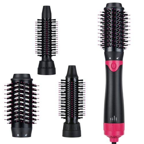 Sinperne Hair Dryer Brush, 3 in 1 Interchangerable Hair Dryer & Volumizer, Ceramic Negative Ion Curling Dryer Styler Brush with 3 Brush Heads (Rose Black)