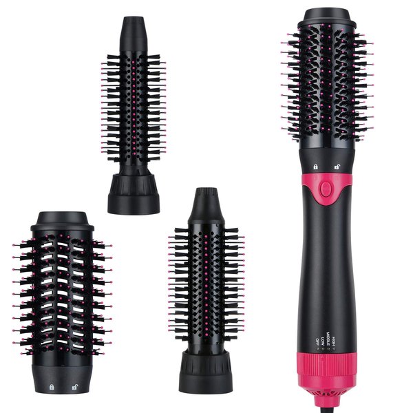 Sinperne Hair Dryer Brush, 3 in 1 Interchangerable Hair Dryer & Volumizer, Ceramic Negative Ion Curling Dryer Styler Brush with 3 Brush Heads (Rose Black)