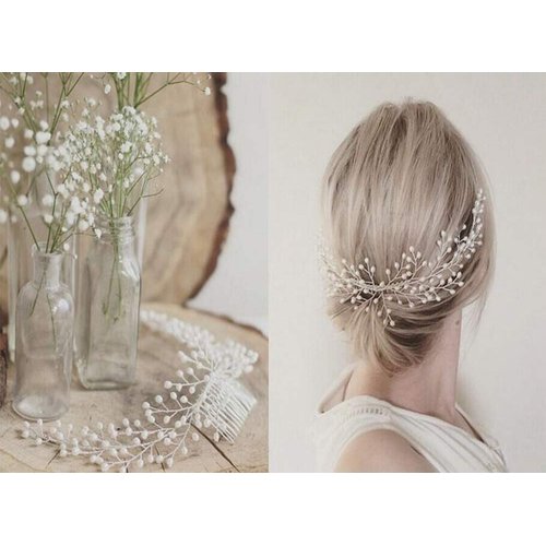 Denifery Elegant Bridal Pearl Hair Comb Handmade Headpiece Wedding Accessory Pearl Jewelry Wedding Hair Comb Bridal Tiara Bridal Headdress Pearl Wedding Comb Prom Bridal Hairpiece (Rose Gold)