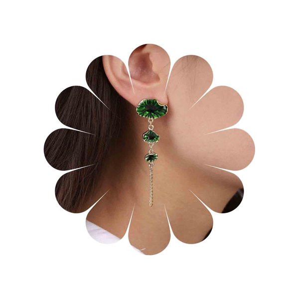 Sttiafay Vintage Green Lotus Leaf Earrings Lotus Leaf Drop Earrings Gold Long Leaf Tassel Earrings Green Flower Stud Earrings Jewelry for Women