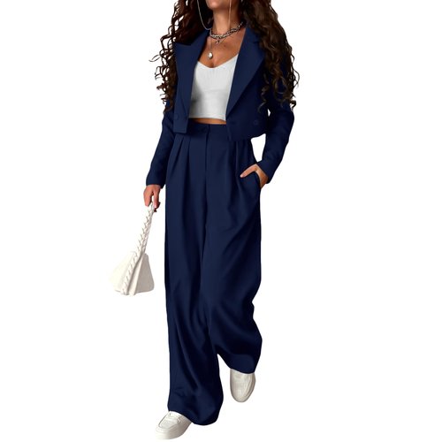PRETTYGARDEN Women's 2 Piece Casual Outfits Cropped Blazer Jackets High Waisted Wide Leg Work Pants Suit Set (Navy,Medium)