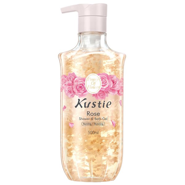 KUSTIE Flower Body Wash with Pump, Natural Body Wash with Real Rose Petals for Deep Moisture for Dry Skin, 24 Hour Renewal, Mild and Long Lasting Scent (16.9 oz)