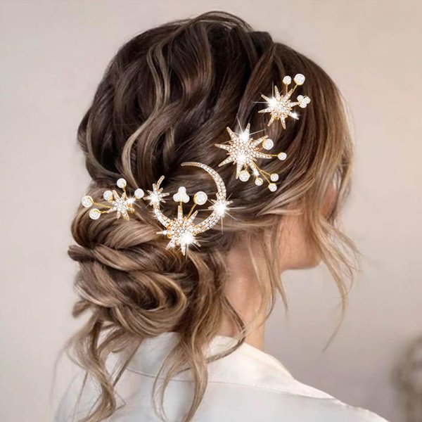 Brishow Gold Moon Star Hair Pins Rhinestone Wedding Hair Clips Pearl Bridal Hair Accessories for Women and Girls(Pack of 4)
