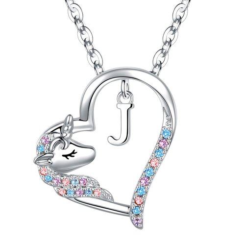 Anoup Heart Necklace for Girls, Girls Silver Necklace for Girls Unicorn Necklace for Girls Initial J Necklace for Girls Gifts for Teen Girls Stuff Unicorn Gifts for Girls Age 6-8 Girls Jewelry