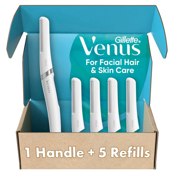 Gillette Venus Dermaplaning Tool Kit, 5 Blade Refills, Exfoliating Face Razors for Women, Eyebrow Razor, Facial Razors, Dermaplane Razor Women Face, Peach Fuzz Remover