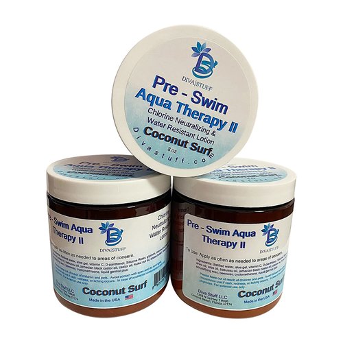 Diva Stuff Pre-Swim, Water Resistant, Aqua Therapy Chlorine Neutralizing Body Lotion, Protects Skin From Chlorine and Salt Water (Coconut 3 pack)