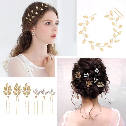 Braveamor Wedding Headpieces Hair Pins Bridal Headbands Hair Pins Vintage Gold Leaf Headpiece for Bride and Bridesmaid Hair Accessories for Women and Girls (7 PACK)