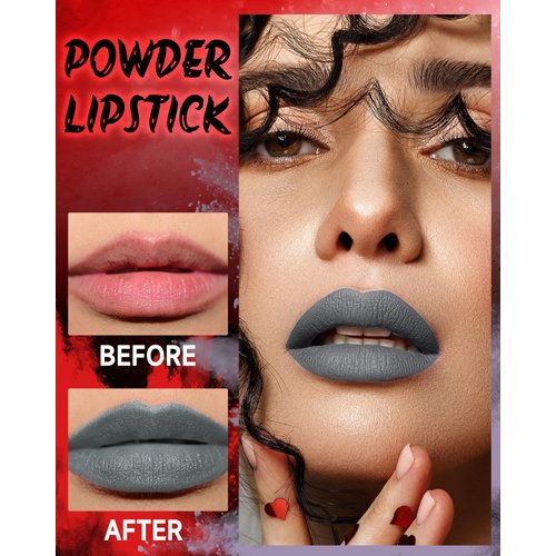 Matte Powder Lipstick for Women, Matte Velvet Liquid Lipstick Dark Gray Lipcolor Halloween Makeup, High Impact Long Lasting Lip Stain Nonstick Smudge-Proof Lip Gloss,Lip & Cheek Goth Makeup-05