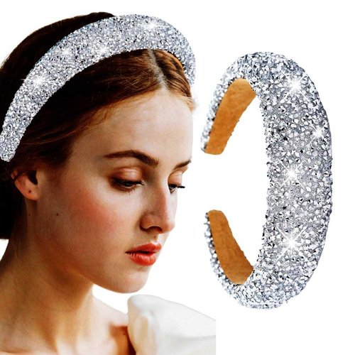 Sinalty Rhinestone Wide Headbands Bling Crystal Beaded Headband Blue Padded Hairbands Handmade Fashionable Bling Prom Hair Accessories for Women (Silver)