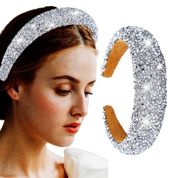 Sinalty Rhinestone Wide Headbands Bling Crystal Beaded Headband Blue Padded Hairbands Handmade Fashionable Bling Prom Hair Accessories for Women (Silver)