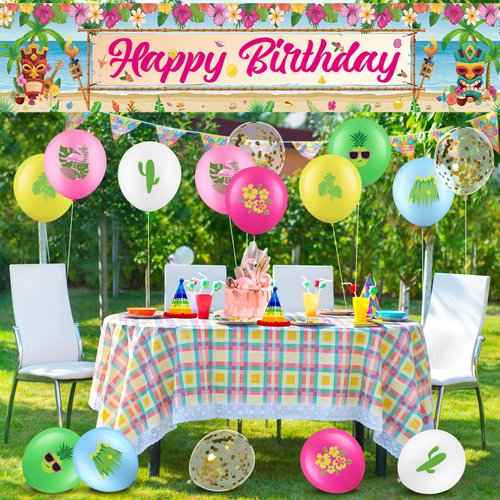 Hawaiian Luau Birthday Party Decorations Summer Hawaiian Birthday Banner Yard Sign and 20Pcs Hawaiian Themed Balloons Aloha Beach Party Banner Decorations Tropical Indoor Outdoor Party Supplies
