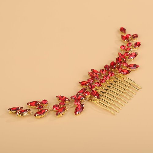 Teyglen Bride Crystal Wedding Hair Comb Simple Red Rhinestone Headband with Comb Handmade Gold Silver Rhinestone Hair Piece Hair Jewelry for Women (Red)