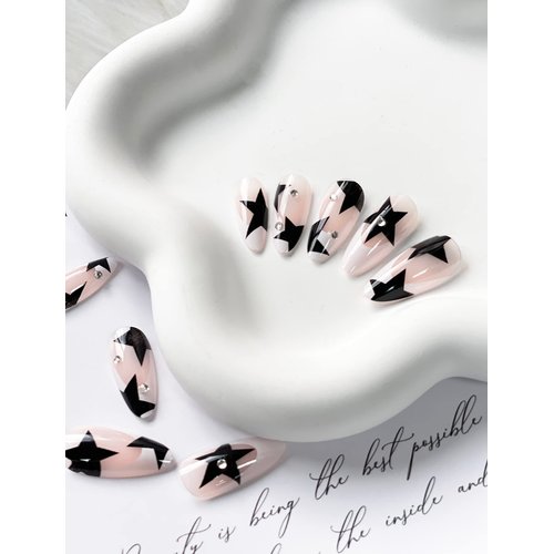 Press on Nails Medium Almond French Tip Fake Nails Full Cover False Nails with Black Stars Designs Y2K Press on Nails Glossy Acrylic Nails Rhinestones Artificial Nails for Women Girls 24 Pcs