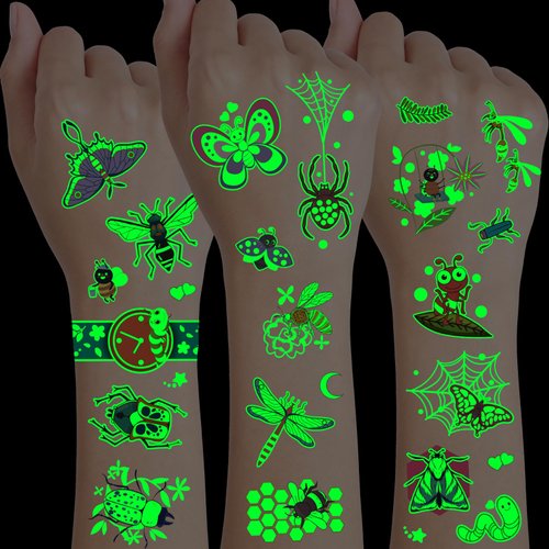 Konsait 12 Sheets Insect Bugs Glow in the Dark Tattoos, Insects Tattoos for Kids, Butterfly Bees Spider Tattoos Insect Party Favors, Bug Party Favors for Kids