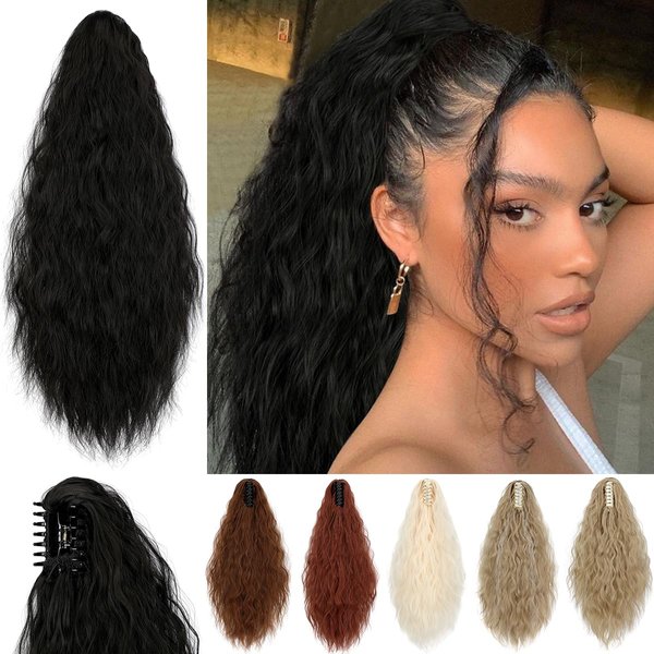 Yekartary Claw Clip Ponytail Extension for Women 18 Inch Long Wavy Multi Layered Hairpiece Fluffy Synthetic Hair Natural Black