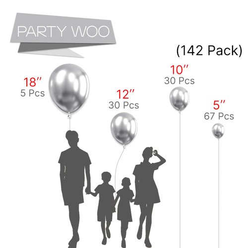 PartyWoo Metallic Silver Balloons, 142 pcs Silver Balloons Different Sizes Pack of 18 12 10 5 Inch Silver Balloon Arch Kit Balloon Garland for Birthday Graduation,Party Decorations, Silver-G102