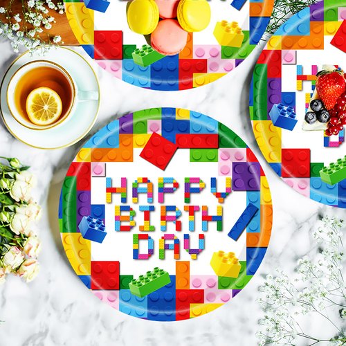 HSPAIDYP 50Pcs Building Block Paper Plates Building Block Party Supplies,7" Colorful Building Block Dessert Plates Building Block Birthday Plates for Colorful Blocks Birthday Party Decorations