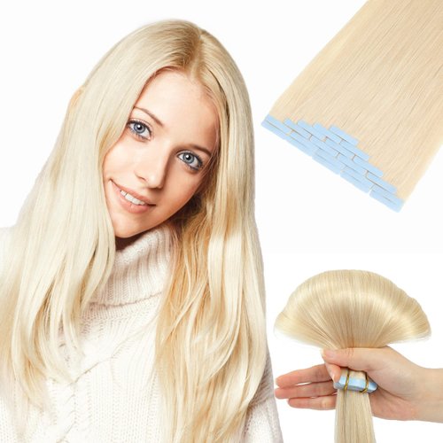 Jerriess Tape in Hair Extensions Human Hair, Professional Grade Remy Human Hair Tape in Extensions, Silky Texture, Full Thick Ends &Dyeing Friendly, 20pcs/40g Straight Platinum Blonde, 16 inch(#60)