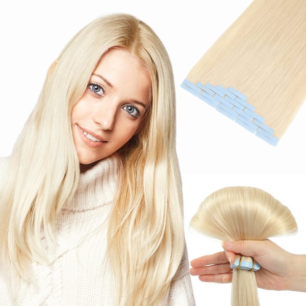 Jerriess Tape in Hair Extensions Human Hair, Professional Grade Remy Human Hair Tape in Extensions, Silky Texture, Full Thick Ends &Dyeing Friendly, 20pcs/40g Straight Platinum Blonde, 16 inch(#60)