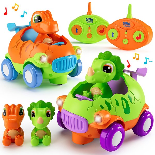 Remote Control Car for Toddlers 1-3: Dinosaur RC Cars Toys for Kids 2-4 with Led Lights Music, Christmas Birthday Gifts for 3-5 Year Old Boys, 2 Packs for Racing