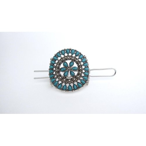 Generic Turquoise blue and silver metal tribal hair slide clip barrette
