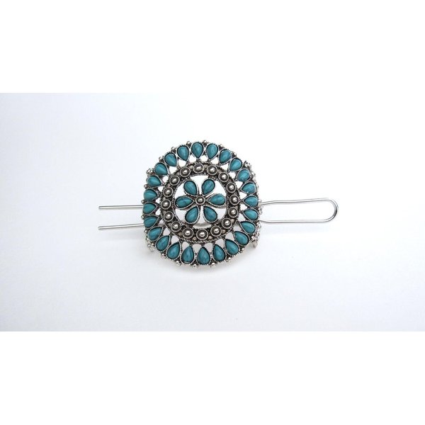 Generic Turquoise blue and silver metal tribal hair slide clip barrette