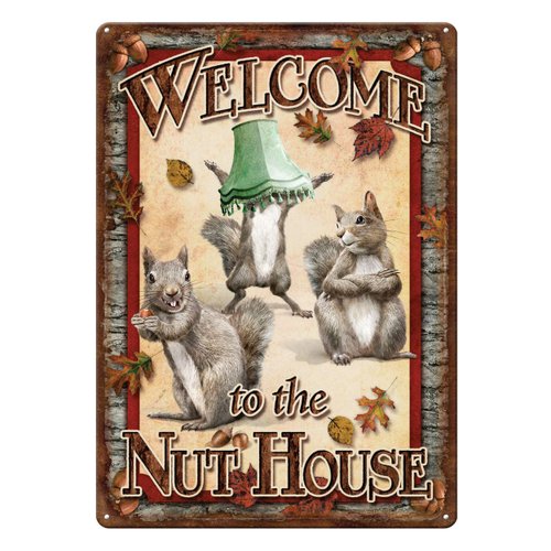Rivers Edge Products Retro Metal Tin Sign, 17" x 12" Weatherproof Metal Wall Art for Indoor or Outdoor Decor, Vintage Man Cave, Bar, Cabin, Garage, or Home Decor, Nut House