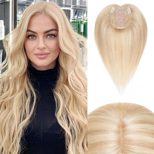 Rich Choices 100% Remy Human Hair Clip in Topper Silk Base Top Hairpiece for Women Hand-made Toppee Hair piece 120% Density Middle Part with Thinning Hair 10 Inch #18P613 Ash Blonde&Bleach Blonde 35g