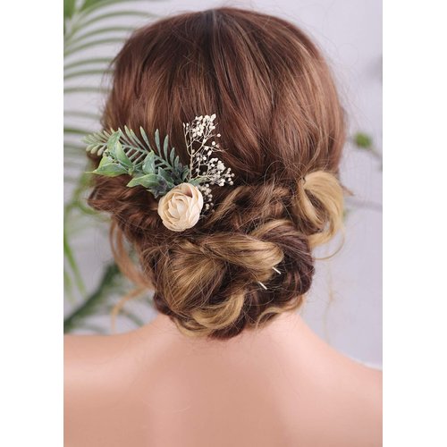 Aimimier Bridal Flower Hair Pins Handmade Rustic Wedding Hair Piece Eucalyptus Cream Bud Ivory Gypsophila Bridesmaid Hair Accessories