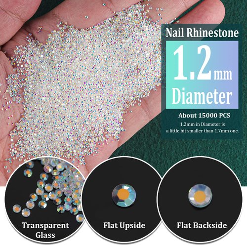 Tiny Nail Rhinestones 15000PCs 1.2mm Ultra Mini Pixie AB Glass Crystals for Nail Art Manicure Iridescent Long Lasting Shine Small Rhinestone Micro Dust Glitter Caviar Bead Sugar Gem