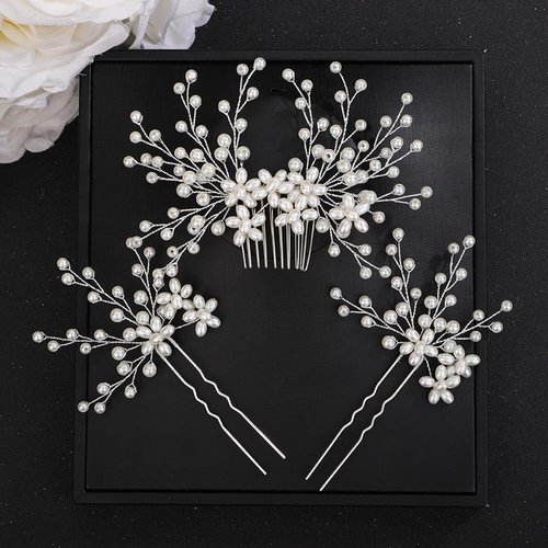 Teyglen Pearl Bride Wedding Hair Comb Pearl Hair Pins Silver Flower Headpiece Bridal Flower Pearl Hair Side Comb White Pearl Hair Piece Hair Accessories for Women Grils