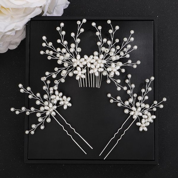 Teyglen Pearl Bride Wedding Hair Comb Pearl Hair Pins Silver Flower Headpiece Bridal Flower Pearl Hair Side Comb White Pearl Hair Piece Hair Accessories for Women Grils